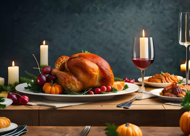 un pavo se sienta en un plato con una copa de vino.