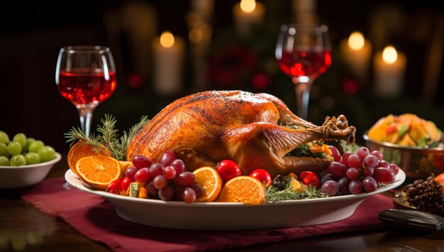 un pavo se sienta en un plato con vasos de vino en el fondo