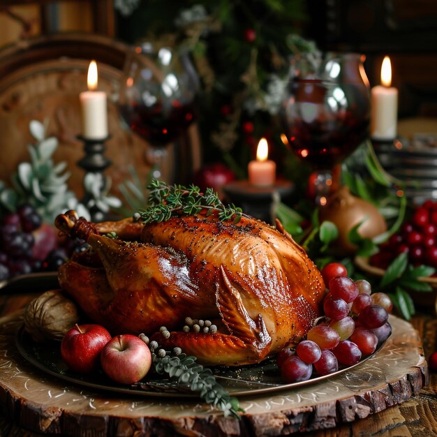 Foto un pavo se sienta en un plato con una vela en el fondo