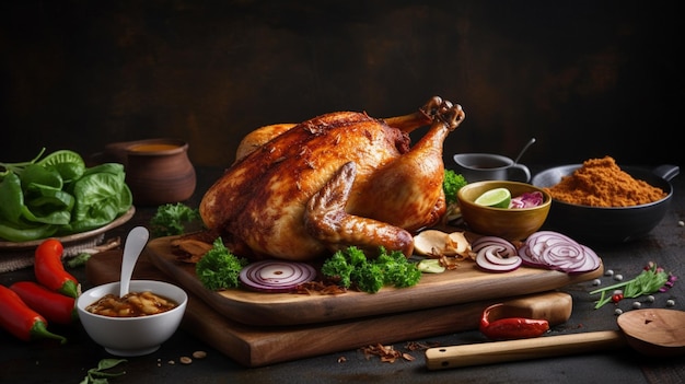 Un pavo en una tabla de cortar con verduras y salsas.