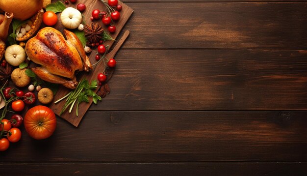 Pavo con varios alimentos en la mesa de madera para la cena del Día de Acción de Gracias AI Generative