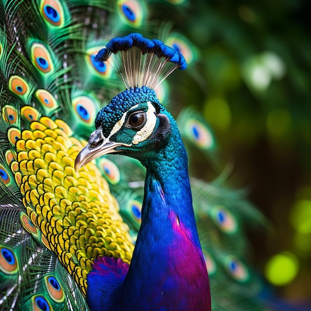 un pavón con una cabeza azul y un pavón en la espalda