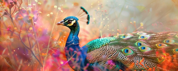 Pavón vibrante en un colorido escenario de ensueño con plumas vívidas y delicado fondo de follaje sho