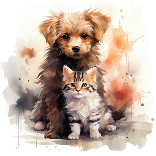 Pawsome Partners Una deliciosa ilustración en acuarela del amor entre gatos y perros Edición aislada de clipart