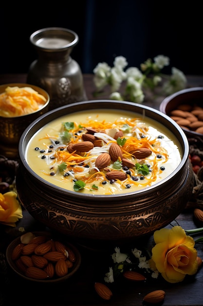 Payasam Dessert mit Nüssen Safran Strands Traditionell und Fe Indien Kulinarische Kultur Layout Website
