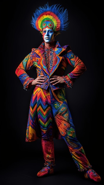 Un payaso con una chaqueta colorida y una chaqueta con los colores del arcoíris.