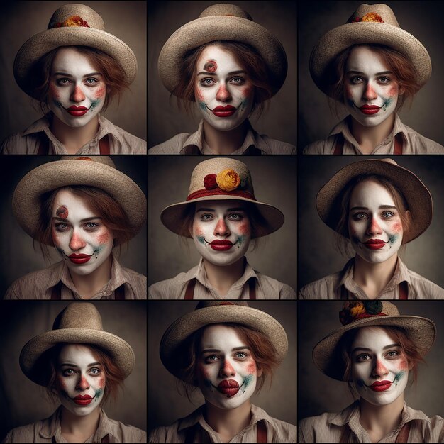 Foto un payaso depredador aterrador un collage de retratos de payasos con diferentes emociones una pesadilla de horror