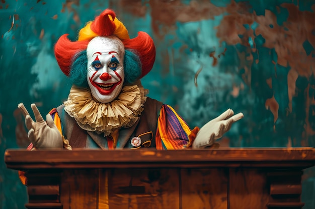 Foto un payaso está detrás de una tribuna política el concepto de un político sin las habilidades adecuadas