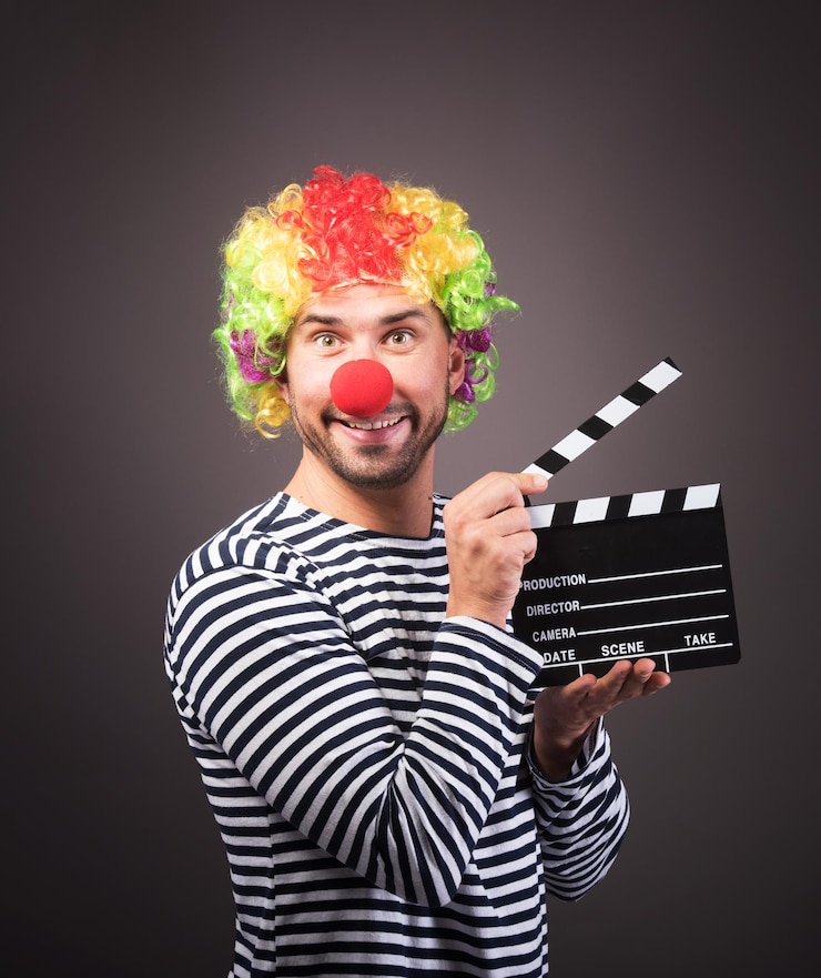 Foto payaso divertido con caja de clipper