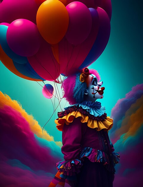 Payaso con globos en el cielo Ilustración 3D Fantasía