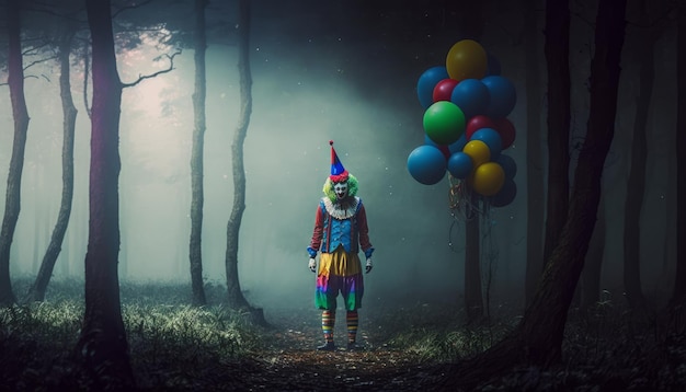 Payaso con globos de colores en el bosque IA generativa