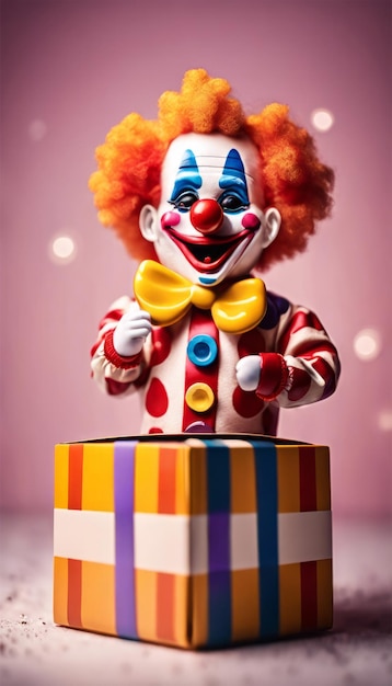 Foto el payaso gracioso fuera de la caja de regalos para april fools