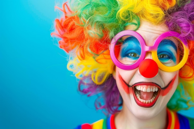 Foto un payaso gracioso con una peluca colorida y la lengua en el fondo azul