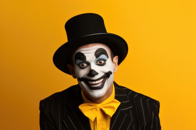 El payaso hombre feliz en disfraz negro y Halloween con fondo naranja