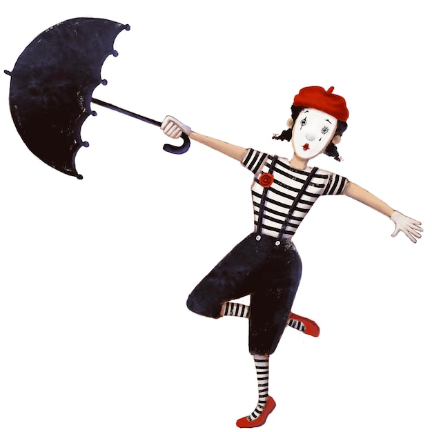 Payaso mimo chica con paraguas estilo acuarela ilustración divertido clipart con personaje de dibujos animados