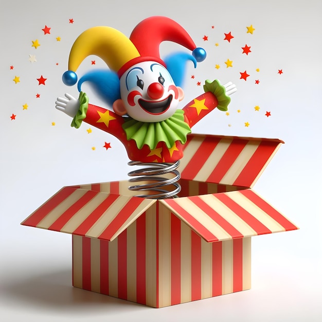 Foto el payaso minimalista feliz y colorido generado por la ia salta de una caja de circo detallada en un agujero en una pared