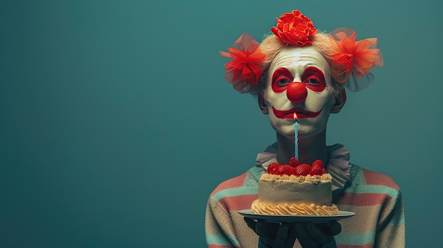 Un payaso con un pastel sobre un fondo azul El concepto de una celebración de cumpleaños