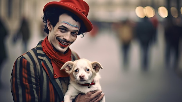 Un payaso con un perro en la calle de la ciudad