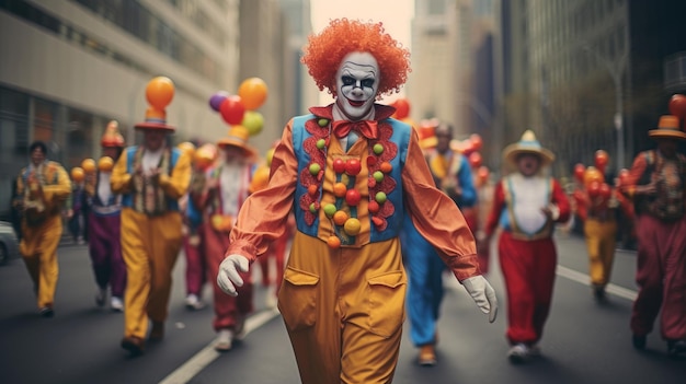 Foto los payasos marchan por las calles de una metrópolis gigante