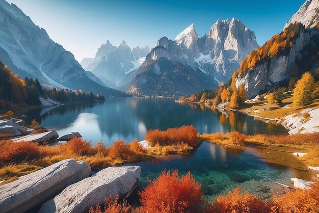 Foto paz escena de otoño de vorderer gosausee lago con dachstein glacieron fondo pintoresca vista matutina de los alpes austriacos alta austria europa concepto de viaje de fondo