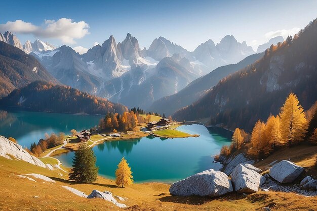 Foto paz escena de otoño de vorderer gosausee lago con dachstein glacieron fondo pintoresca vista matutina de los alpes austriacos alta austria europa concepto de viaje de fondo