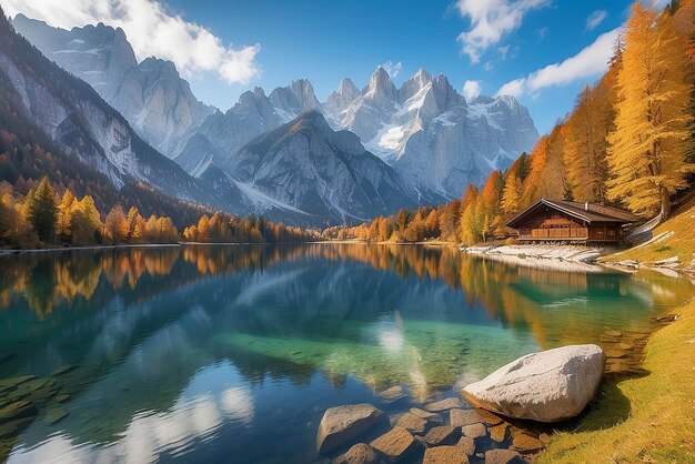 Foto paz escena de otoño de vorderer gosausee lago con dachstein glacieron fondo pintoresca vista matutina de los alpes austriacos alta austria europa concepto de viaje de fondo