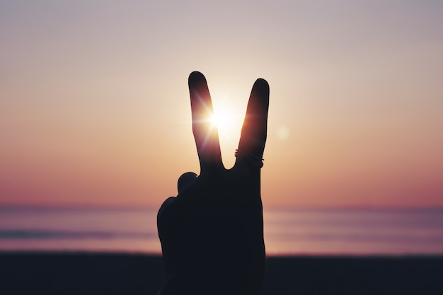 Paz o lucha contra la metáfora signo de la mano de dos dedos frente a una puesta de sol. Gente feliz disfrutando de la naturaleza.