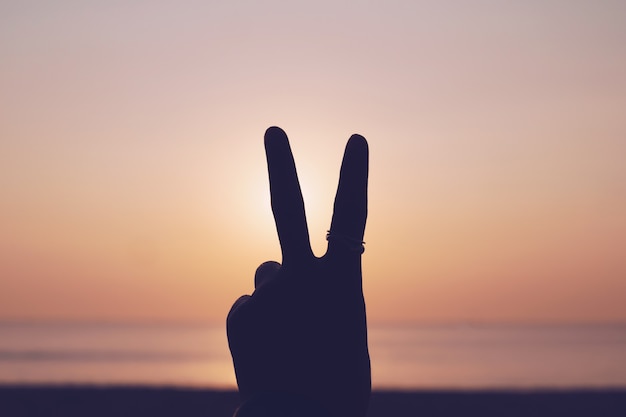 Paz o lucha contra la metáfora signo de la mano de dos dedos frente a una puesta de sol. Gente feliz disfrutando de la naturaleza.