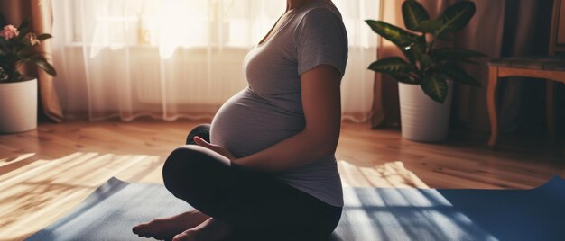 Paz prenatal Una mujer embarazada meditando en la tranquilidad de la luz de la mañana abrazando la maternidad