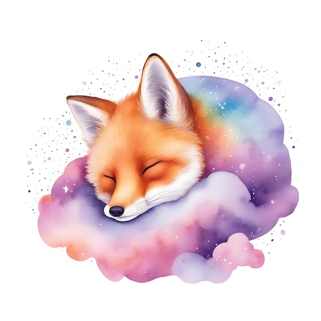 La paz en el sueño de los zorros Ilustración de dibujos animados con un pequeño zorro durmiendo pacíficamente en las nubes