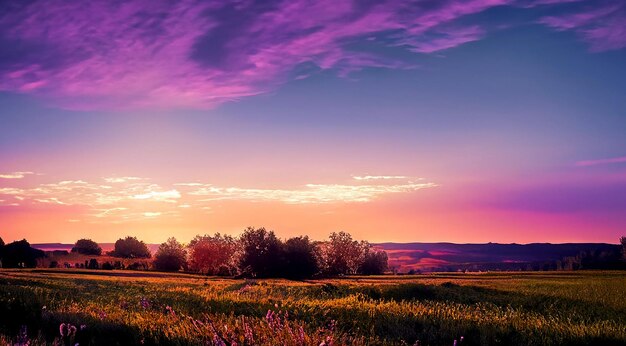 Foto paz vista natural fondo paisajes rurales de ensueño campo colorido puesta de sol púrpura