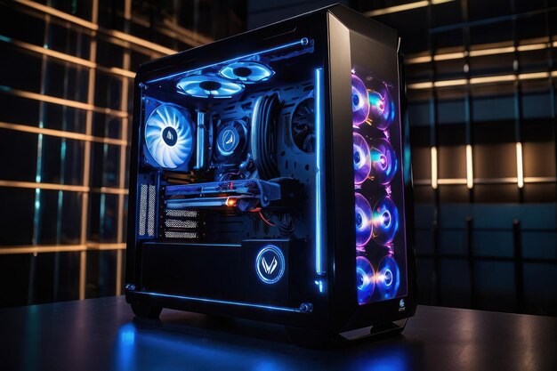 Foto pc de jogos iluminado em cores de néon