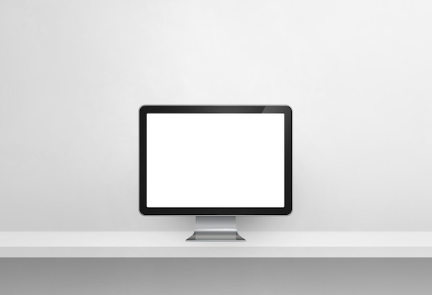 Pc do computador - banner de prateleira de parede de concreto branco. Ilustração 3D