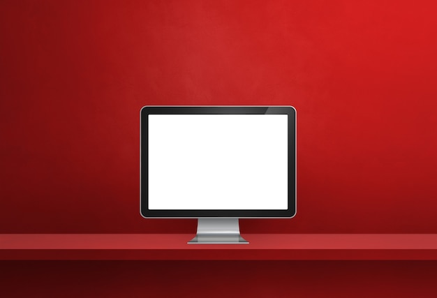Pc do computador - banner vermelho da prateleira da parede. Ilustração 3D