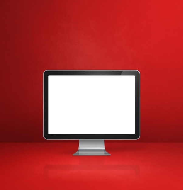 Pc do computador - fundo vermelho da mesa do escritório. Ilustração 3D