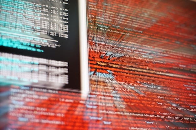 PC de escritorio monitor foto Javascript funciones variables objetos Gerentes de proyecto trabajan nueva idea Futuro proceso de creación de tecnología
