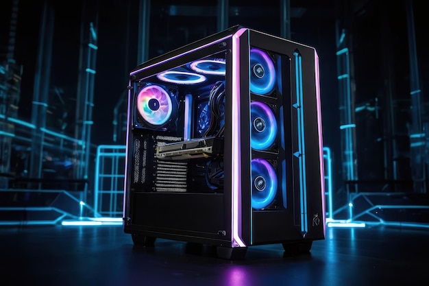 PC de juegos iluminado en colores de neón