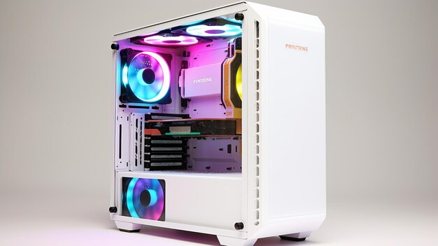 PC de juegos RGB con caja blanca sobre fondo blanco