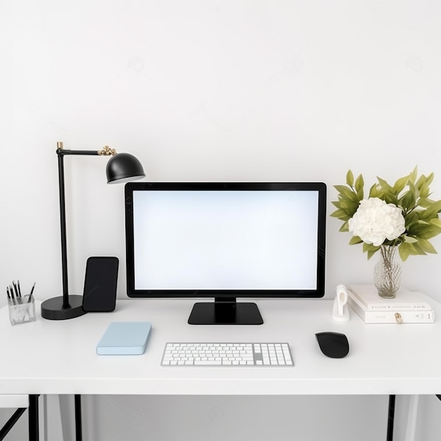 Una PC de pantalla en blanco y una computadora portátil con suministros de oficina