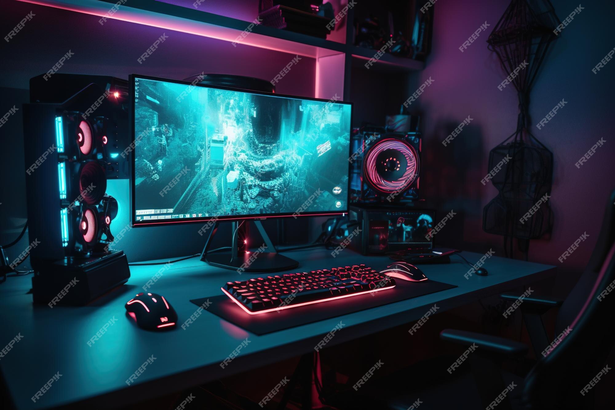 PC De Jogos De Computador Na Mesa De Jogos De Vídeo Na Sala Escura Com Luz  De Néon. Ambiente De Trabalho Moderno Futurista De Blogueiro Da Internet,  Streamer Ou Gamer De Computador.