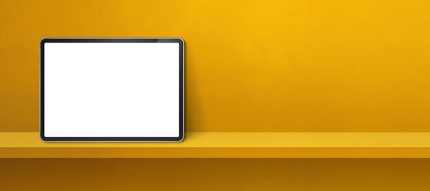 Pc de la tableta digital en el estante de pared amarillo. Banner de fondo horizontal. Ilustración 3D