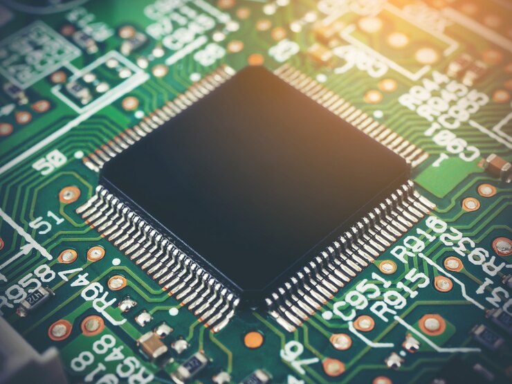 Foto pcb electrónico de alta tecnología (placa de circuito impreso) con tecnología de procesador de microchips