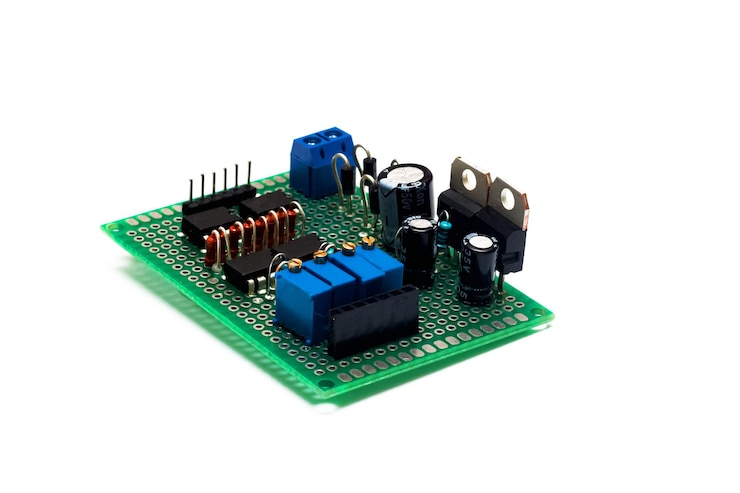 Foto pcb verde con transistores aislado sobre fondo blanco.