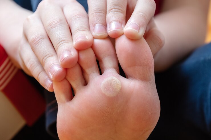 Foto pé com áreas problemáticas na pele, milho seco. verruga plantar do pé. conceito de pele do pé insalubre. cosmetologia e conceito de cuidados com a pele