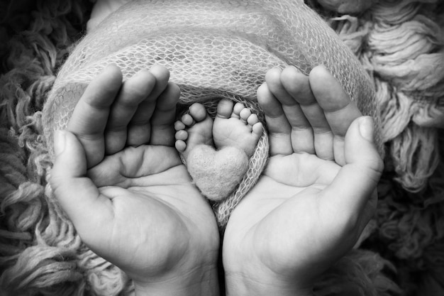 Pé de criança nas mãos da mãe pai pais Pés de um recém-nascido minúsculo perto Pernas de bebê mãe e seu filho Conceito de família feliz Imagem em preto e branco da maternidade foto de stock