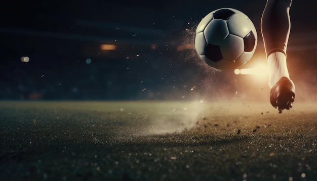 Pé de jogador de futebol batendo bola de futebol rápido no estádio Generative AI