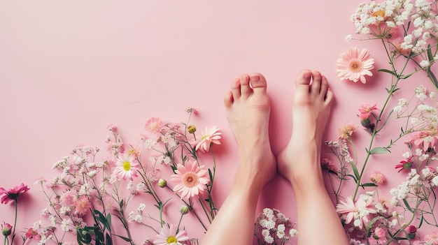 Pé de uma mulher mais jovem exquisitamente criada com flores em um cenário rosa pastel e espaço IA generativa