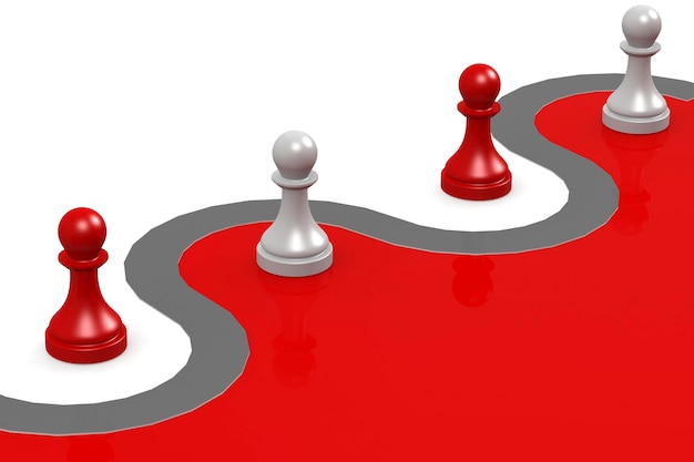Peão de xadrez vermelho e branco separado em duas equipes