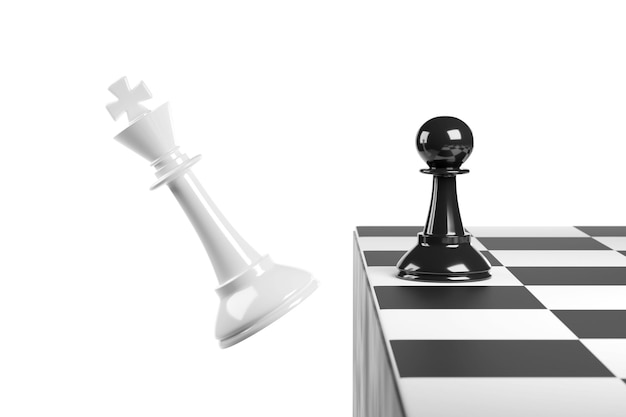 Peão do xadrez vencendo um rei. Conceito de sucesso. Ilustração 3D.