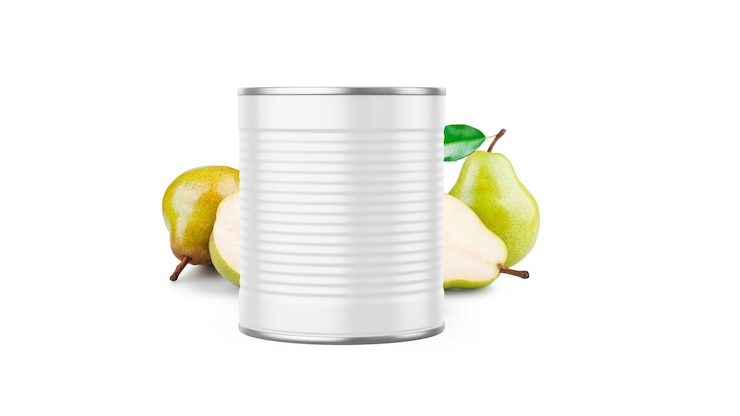 Foto pear jam food tin can mockup template isolado de fundo